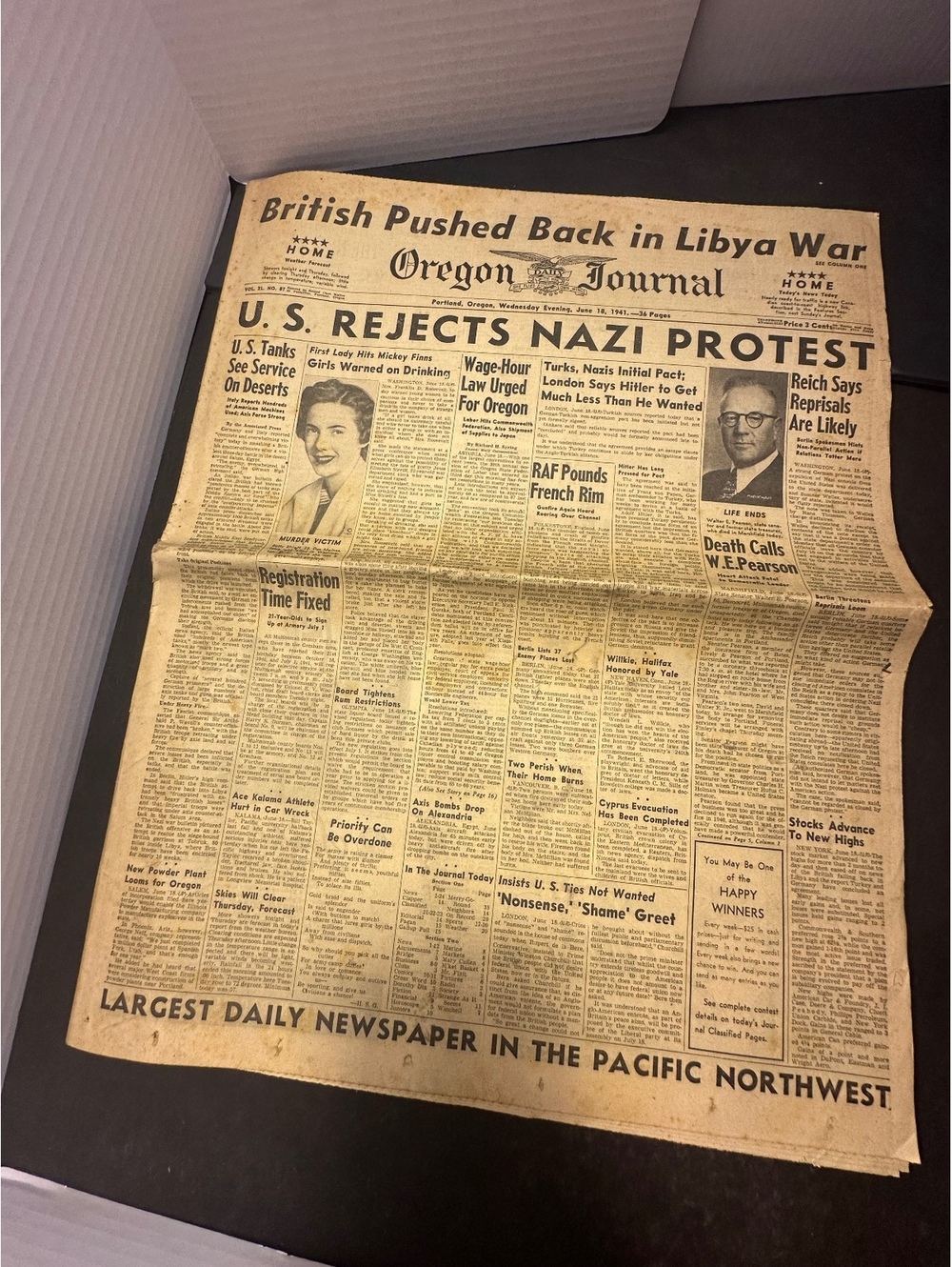 1941 Oregon Journal WWII Newspaper US Rejects Nazi Protest June 18 Portland